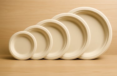 Eco-friendly sugarcane bagasse plates in multiple sizes, biodegradable and compostable dinnerware.