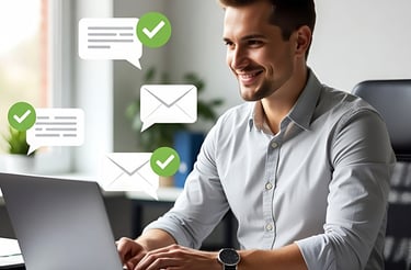 Smiling man using a laptop for email marketing and business communication with message icons.