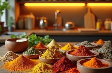 a variety of spice powders are on display in a kitchen
