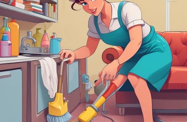 A friendly cleaning professional smiling while holding cleaning supplies in a bright, tidy room.