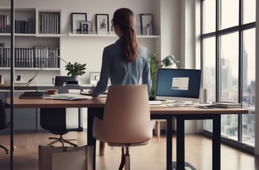 A friendly person sitting at a desk, smiling while typing on a laptop with social media icons floating around.