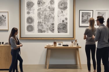 A person is sitting at a desk and looking at a computer screen displaying a red architectural design. Next to it, a laptop shows a mind map. The setting appears to be an office or workspace with a focus on creative tasks.
