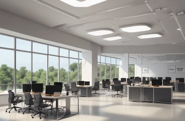 A building with a prominent red and white sign labeled 'SERVICE' against a bright blue sky with some clouds. The structure has a modern, industrial appearance with sleek lines and a clean design. A light fixture is visible on the wall.