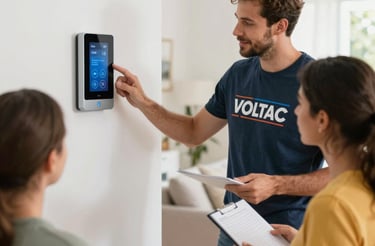 A professional electrician consulting with a client in a modern office setting.