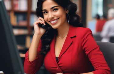 A friendly staff member at i-35 Auto Salvage answering a customer call with the yard visible in the background.