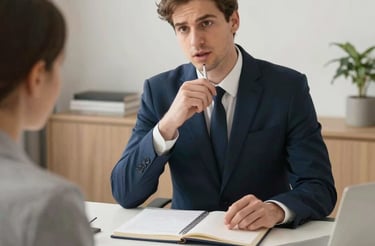 A professional financial advisor speaking with a client in a modern office setting.