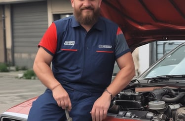 A friendly mechanic in a fully equipped service van working on a car in a driveway.