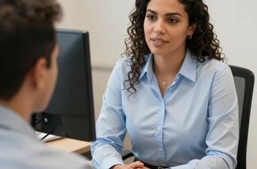 A friendly insurance agent assisting a client in a modern office setting.