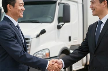 A friendly truck driver shaking hands with a Landgo Xpress representative beside a big rig.