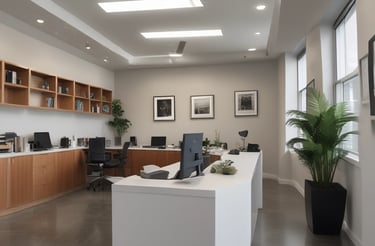 A welcoming real estate agent smiling while holding a clipboard in a modern office