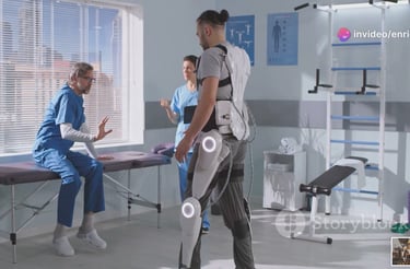 hombre en una consulta con doctores vistiendo un exoesqueleto inteligente médico