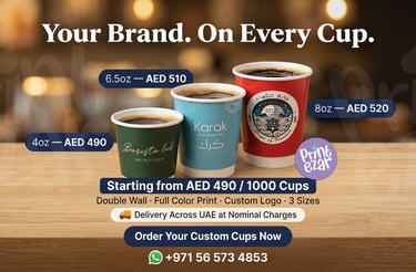 Custom double wall paper cups UAE: 4oz, 6.5oz, 8oz branded cup printing.