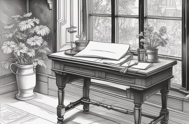 A soft, inviting workspace with art supplies and a warm lamp glowing gently.