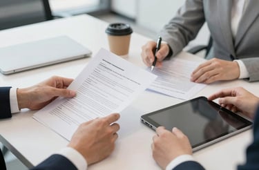 A welcoming office entrance with a navy blue and gold color scheme reflecting professionalism.