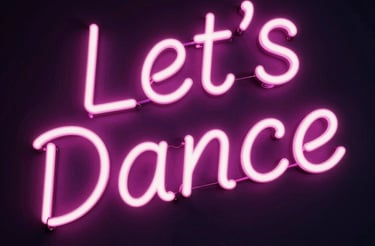 A vibrant neon pink and black poster glowing with dynamic dance silhouettes under flashing lights.
