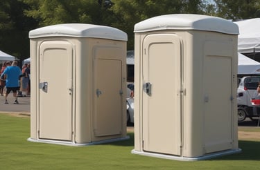 A friendly customer service representative answering a call with porta potties in the background.