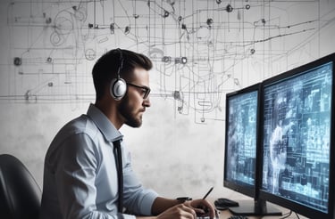 A friendly professional at a desk with a laptop and headset, ready to assist clients.