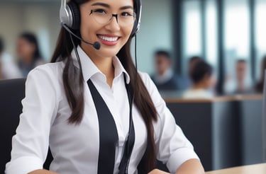 A friendly customer service representative answering calls in a bright office.