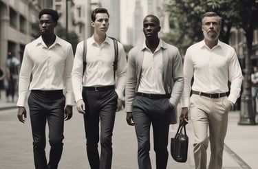 A dynamic image of men walking confidently in urban attire, symbolizing movement and progress.