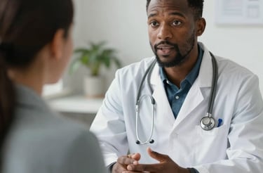 A friendly healthcare professional smiling while talking on a headset in a bright, modern clinic.