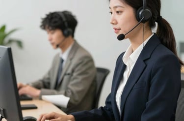 A friendly professional answering a phone call in a bright, modern office.