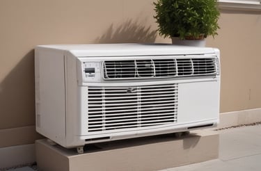 Technician repairing an air conditioner with tools in a bright blue-themed workspace.