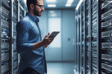 a man in a blue shirt is holding a tablet computer and looking at a tablet
