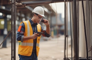 A friendly roofer inspecting a house roof on a sunny day.
