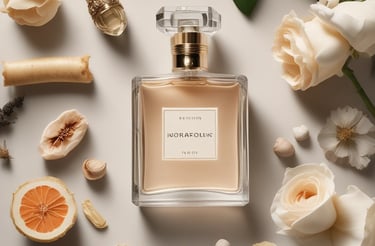 A cozy workspace with perfume bottles, flowers, and handwritten notes on a wooden table.