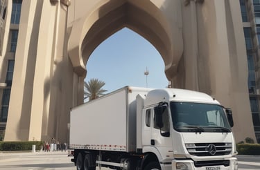 A sleek, modern moving truck parked outside a stylish Abu Dhabi home.