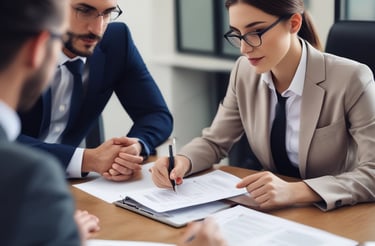 A friendly consultant speaking with a local business owner in a cozy office setting.