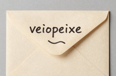 A cozy workspace with a laptop, coffee cup, and a notebook featuring the Veiopeixe logo.
