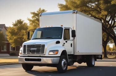 A sleek black and blue heavy-duty truck parked beside a mobile repair van under a clear sky.