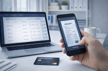 Employee scans purchase receipt with smartphone linked to Safemoney.cloud business payment card for accounting proof