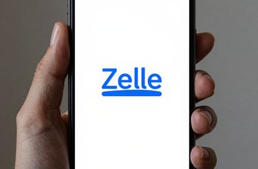 Close-up of hands holding a smartphone displaying a Zelle payment confirmation screen.