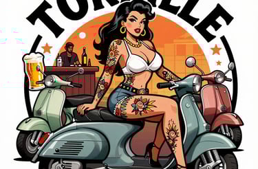 Tattooed pin-up girl sitting on vintage scooters with Torpille logo and retro bar background.