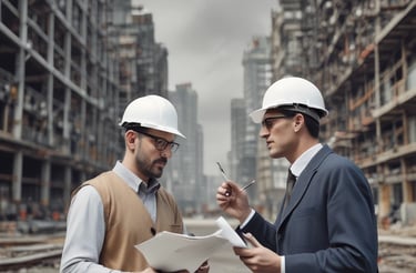 A professional consultant discussing construction plans with a client in an office setting