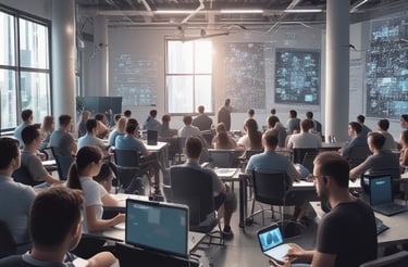 A diverse group of young professionals collaborating in a modern office space.