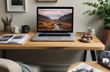 A cozy workspace with a laptop displaying the Donegal Online gallery