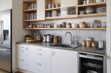 A cozy modern living room with stylish wooden furniture and warm beige accents.
