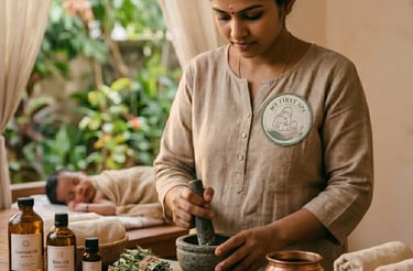 A therapist prepares Ayurvedic baby massage oils using a stone mortar and pestle at a wellness spa.