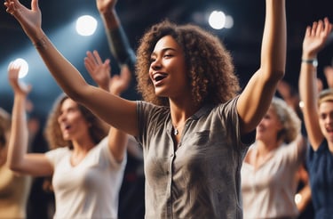 A vibrant, inspiring photo of Danielle Joleigh Bennett speaking passionately on stage with colorful lighting.
