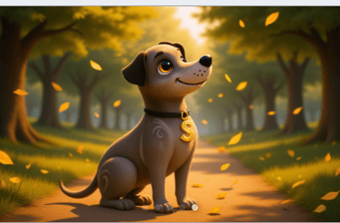 Samson the dog sitting on a forest path — friendly kids activities character. with falling leaves-