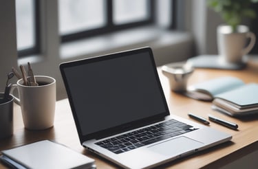 A modern workspace with a laptop, notebook, and coffee cup on a dark blue desk.