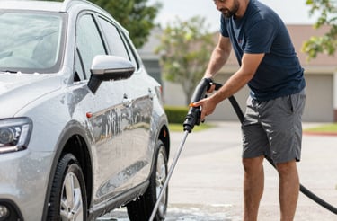 A man uses a pressure washer extension tool to clean the undercarriage of a silver SUV.