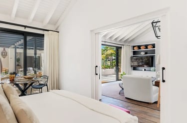 Bright bedroom with terrace access and pool views at Villa El Olivo, Marbella