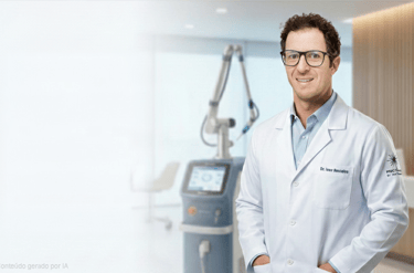 A smiling male doctor in a white coat standing next to a medical laser machine in a clinic.