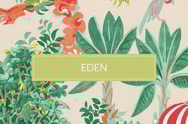 Thibaut Eden wallpaper featuring a vibrant tropical garden with exotic trees and pink pagodas.