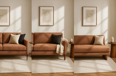 Side-by-side comparison of three sofa shapes: straight arms, rolled arms, and armless settee bench,