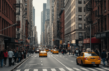 new york city with taxi cabs and people walking around in downtown